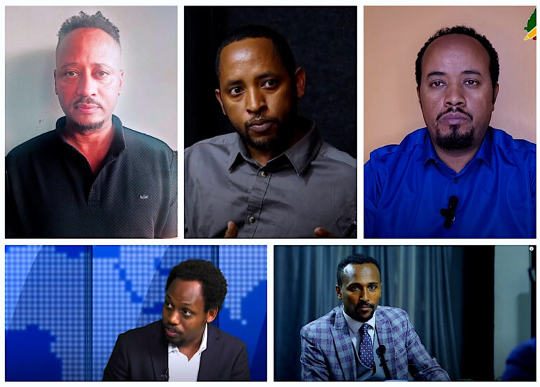 Dozens of Ethiopian journalists have fled over years due to harassment and persecution. They include (clockwise from top left): Tesfa-Alem Tekle, Woldegiorgis Ghebrehiwet Teklay, Belete Kassa, Yayesew Shimelis, and Guyo Wariyo. (Photos: Courtesy Tesfa-Alem Tekle; YouTube screenshots from Yabele Media, Ethio News, Ethio Forum, Oromia Media Network)